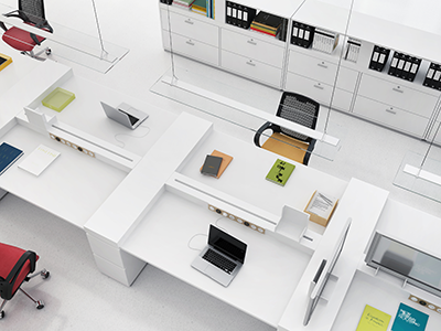 Overhead view of an orderly office that has been designed with ergonomic principles in mind